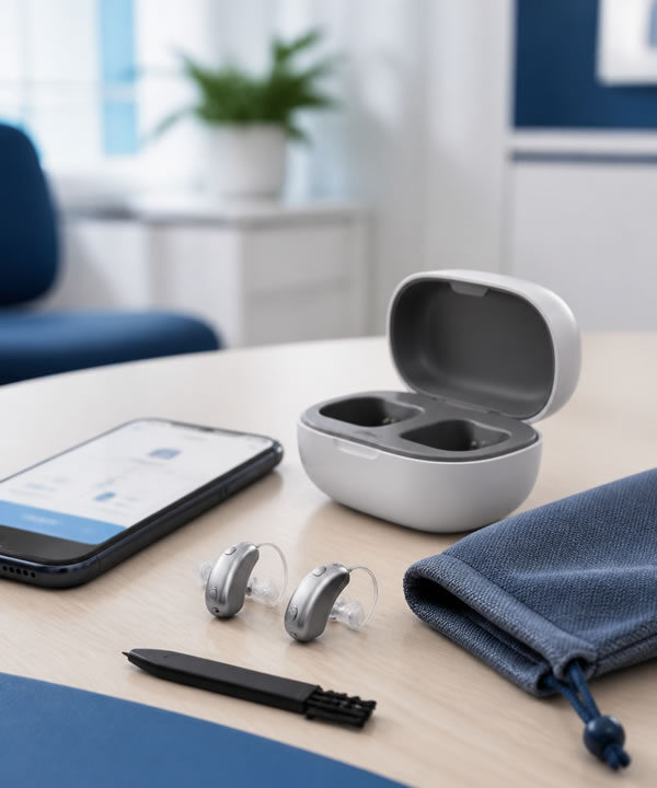 Modern hearing aids and charging case for hearing aid fitting in Columbus